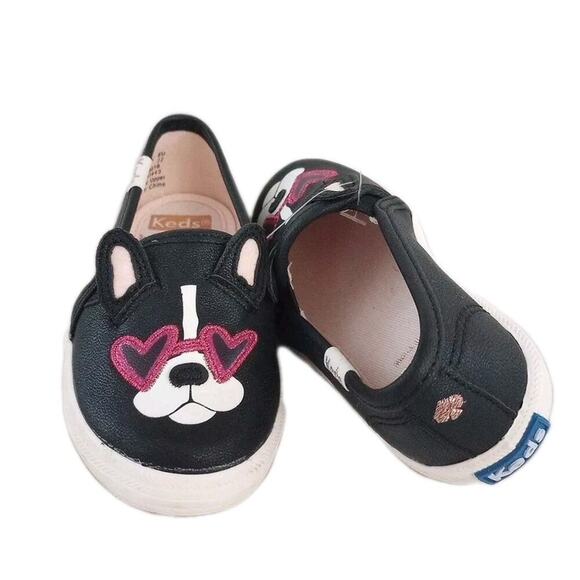 Kate Spade Keds Shoes Toddler 6 New Francois Black Dog Pink Glitter Slip On - Picture 1 of 6
